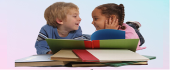 two children reading and smiling 