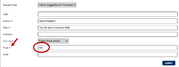 Picture highlighting location of ‘Price” box on form