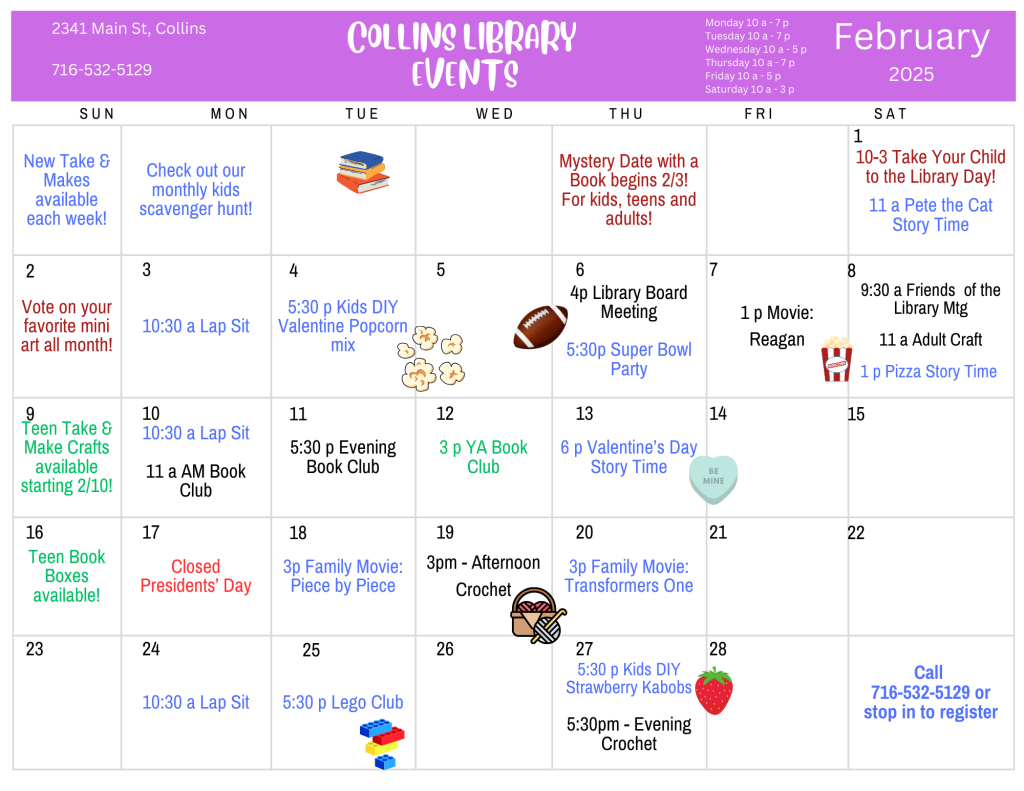 February Events calendar - details here: https://buffalolib.libcal.com/calendar/events?cid=12898&t=m&d=2025-02&cal=12898&cm=5199&inc=0