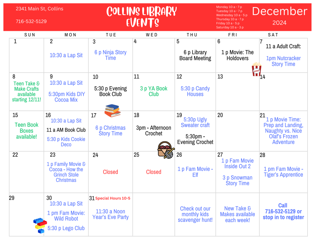 Image of program calendar: details below or at https://buffalolib.libcal.com/calendar/events?cid=12898&t=m&d=2024-12&cal=12898&cm=5199&inc=0