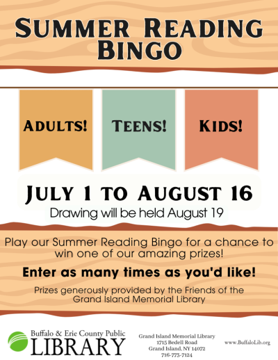Summer reading bingo July 1 to August 16