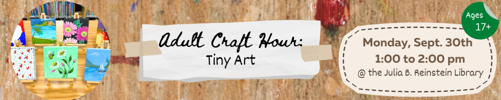 Our next Adult Craft Hour will be on Monday, September 30th at 1pm. The theme for this month is Tiny Art. Space is limited; Please call #716-668-4991 or visit the library's information desk to register!