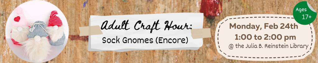 The theme for the Adult Craft Hour this month is Sock Gnomes (Encore). Space is limited; Please call #716-668-4991 or visit the library's information desk to register!