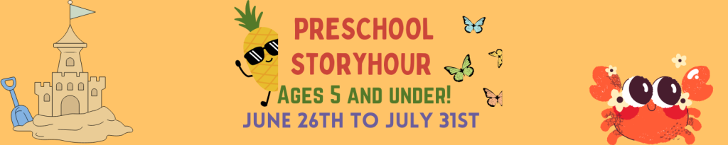 Summer Storytime with MS Kathy starting June 26th going until July 31st. There are two sessions: 10:00 am and 11:00 am. This program is for ages 5 and under, please call us at #716-668-4991 to register.
