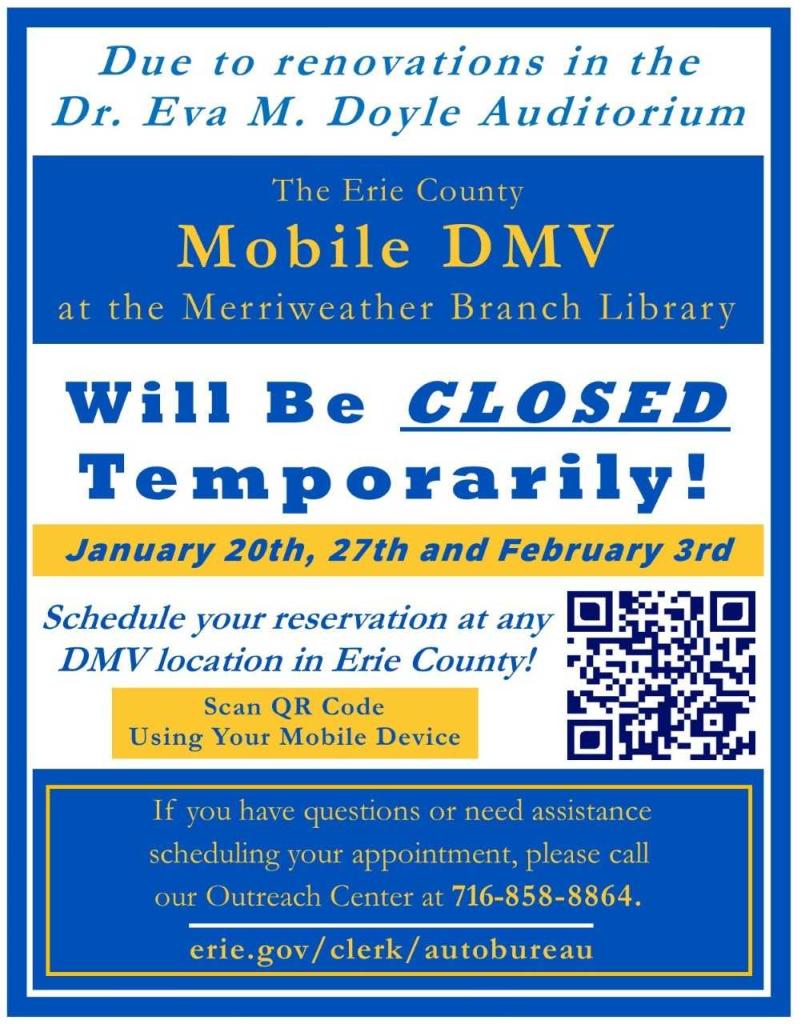 DMV services will be closed at Merriweather on January 20th, 27th, and Feb 3rd