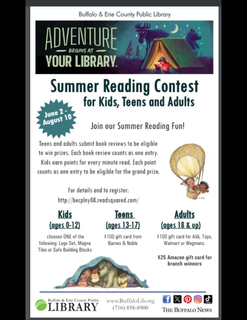Adventure Begins at Your Library Summer Reading Contest for Kids, Teens and Adults for details and to register: http://becplny08.readsquared.com/