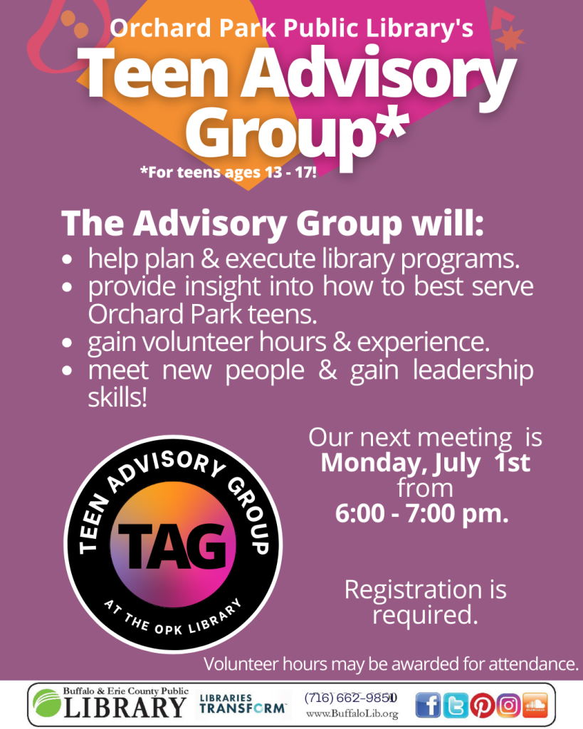 July's Teen Advisory Group will be meeting Monday, July 1st from 6-7 PM