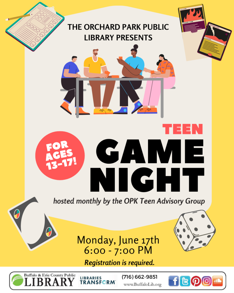 June's Teen Game Night is Monday June 17th from 6-7PM